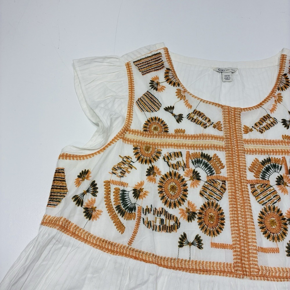 Cato Women Blouse 14/16 (L) Embroidered Peasant White Short Sleeve Boho Babydoll - Picture 4 of 11